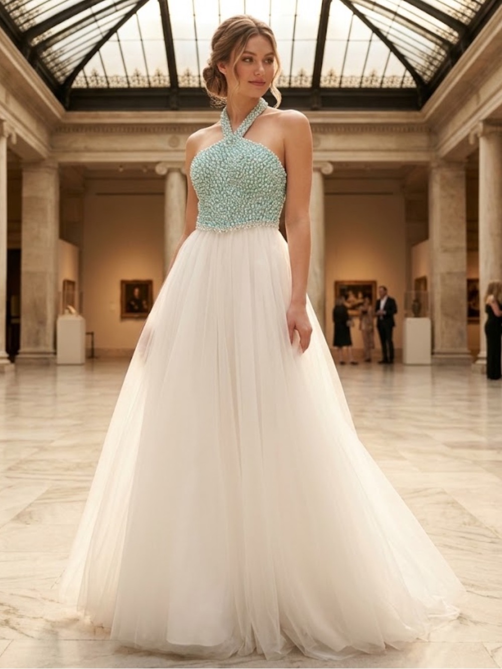Montage by Mon Cheri Mint Halter Beaded and pears Bodice White Tulle Ballgown